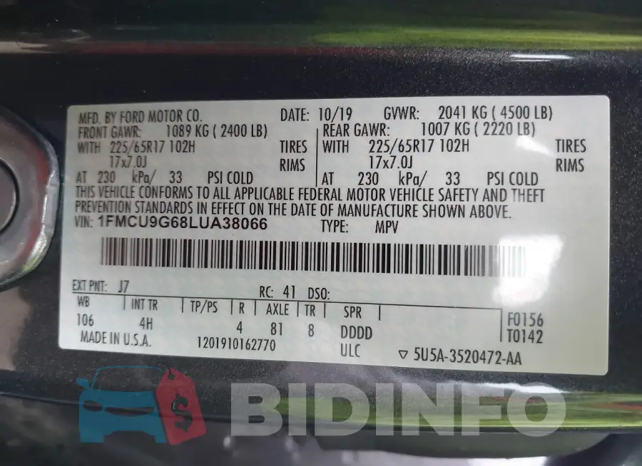 1FMCU9G68LUA38066 Photo# 9