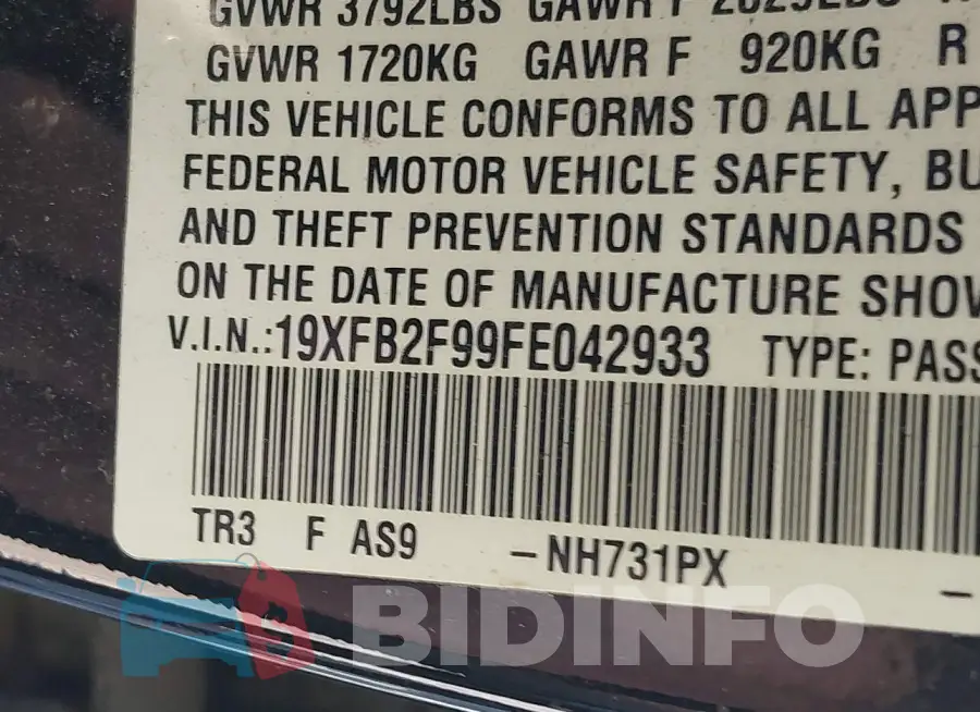 19XFB2F99FE042933 Photo# 9
