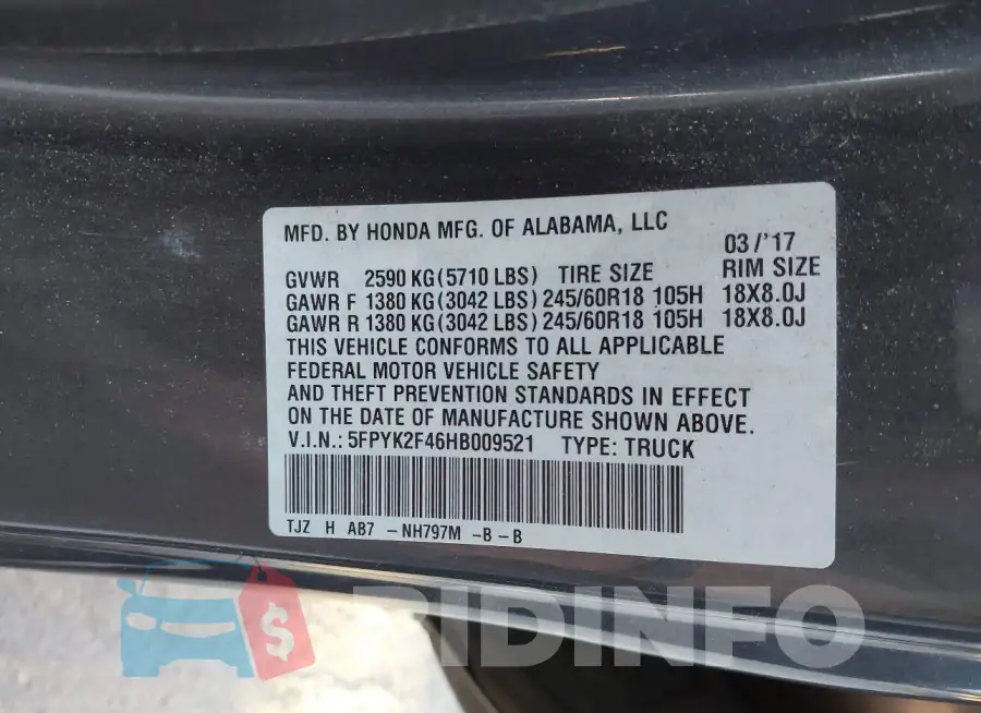 5FPYK2F46HB009521 Photo# 9