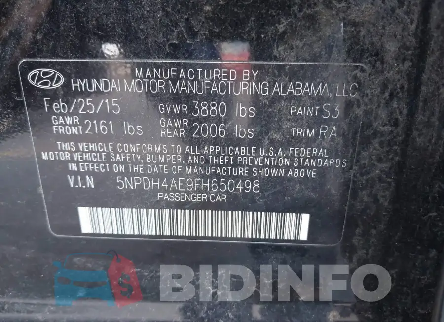 5NPDH4AE9FH650498 Photo# 9