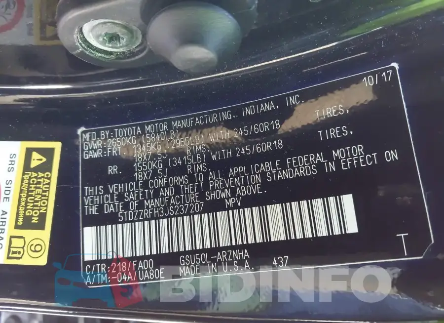 5TDZZRFH3JS237207 Photo# 9