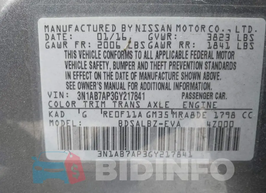 3N1AB7AP3GY217841 Photo# 9