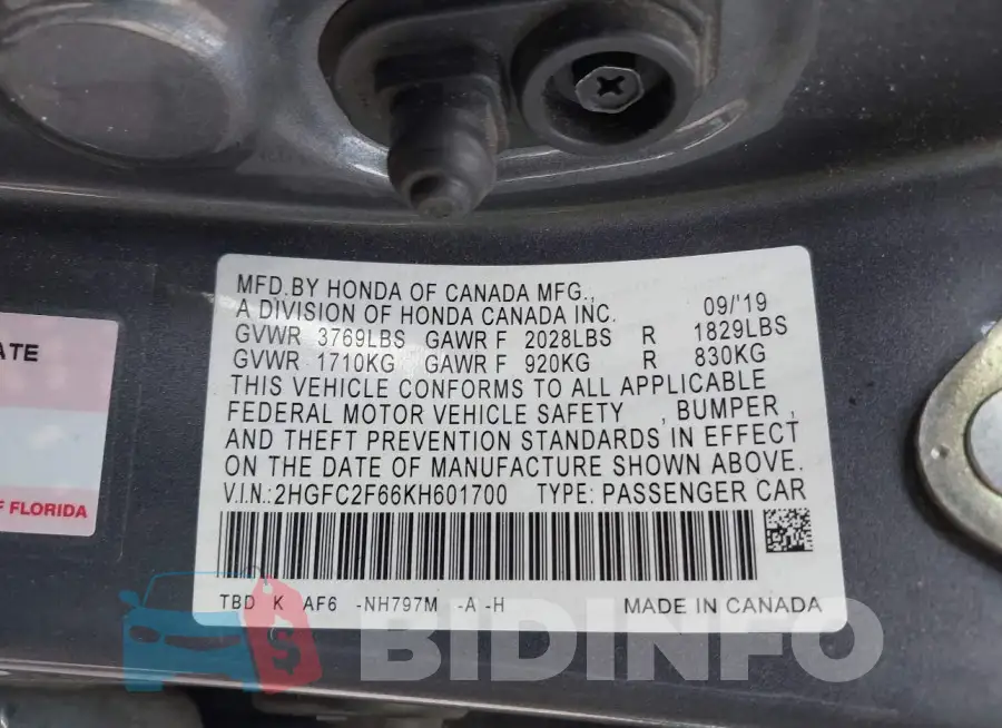 2HGFC2F66KH601700 Photo# 9