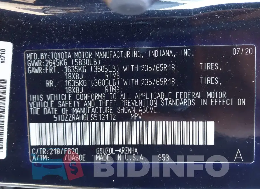 5TDZZRAH6LS512112 Photo# 9