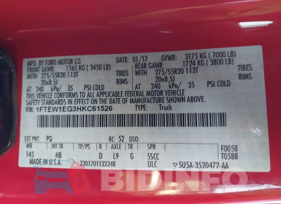 1FTEW1EG3HKC61526 Photo# 9
