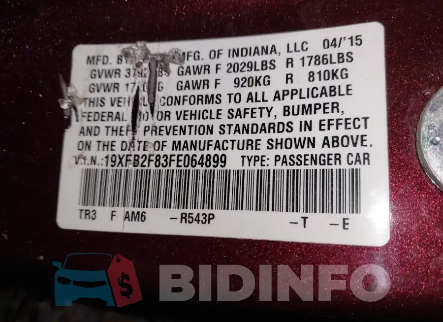 19XFB2F83FE064899 Photo# 9
