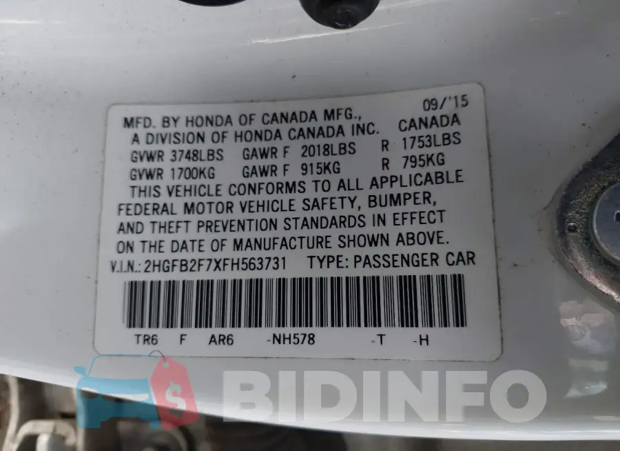 2HGFB2F7XFH563731 Photo# 9
