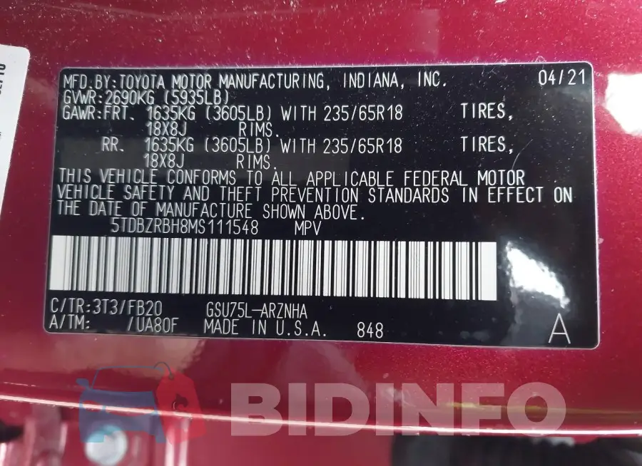 5TDBZRBH8MS111548 Photo# 9
