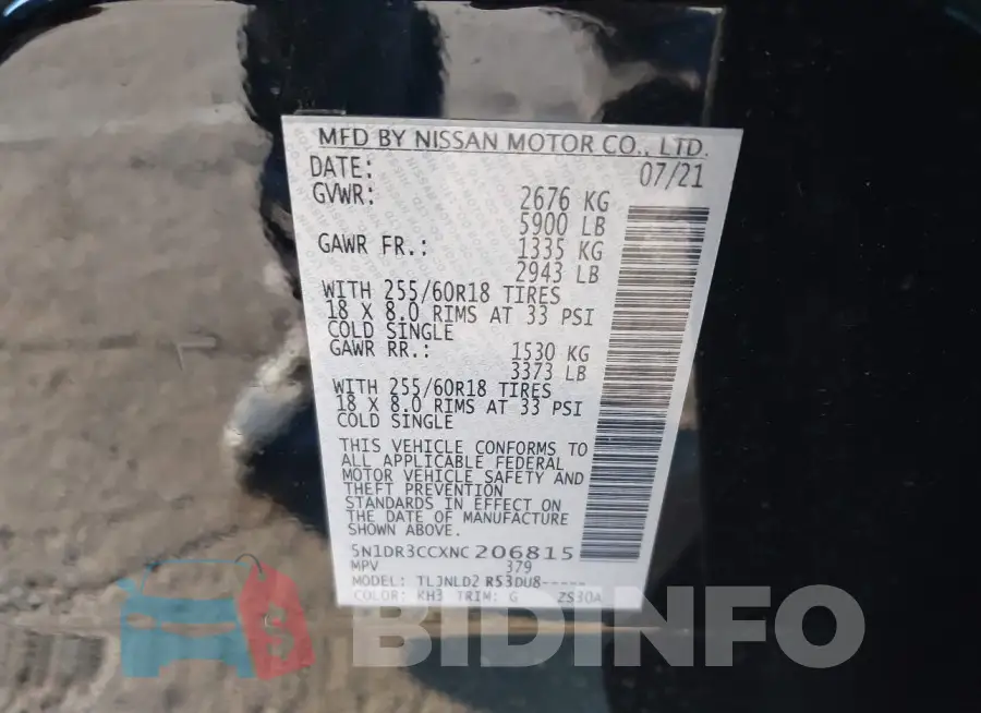 5N1DR3CCXNC206815 Photo# 9