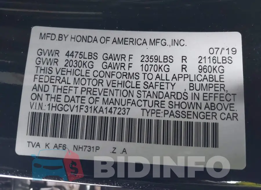 1HGCV1F31KA147237 Photo# 9