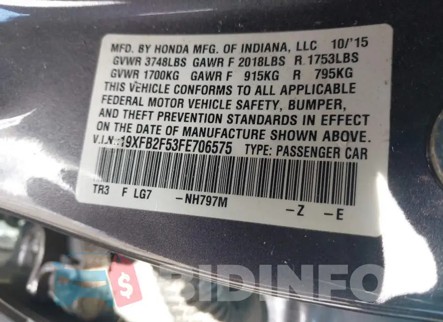 19XFB2F53FE706575 Photo# 9