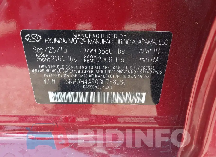 5NPDH4AE0GH768280 Photo# 9