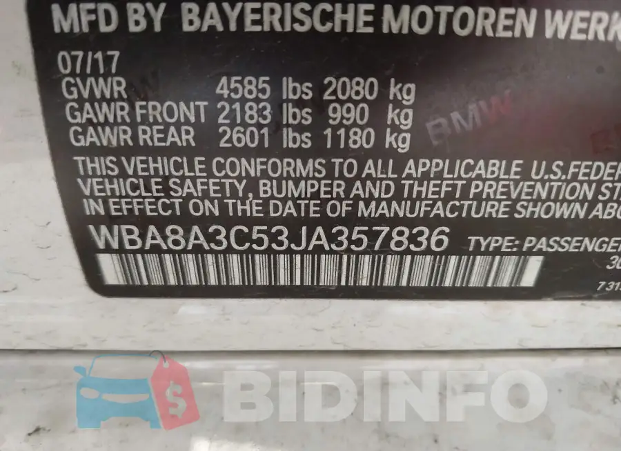 WBA8A3C53JA357836 Photo# 9
