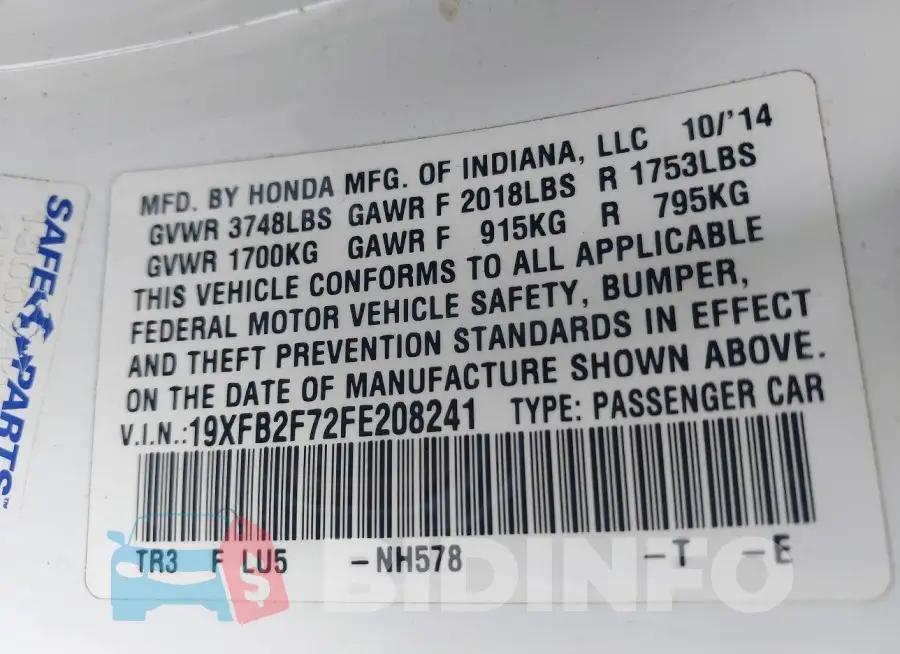 19XFB2F72FE208241 Photo# 9