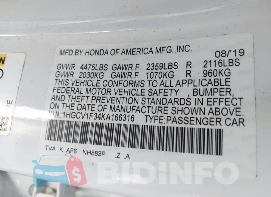 1HGCV1F34KA166316 Photo# 9