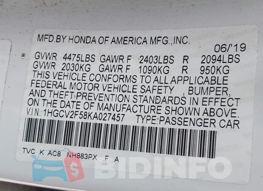 1HGCV2F58KA027457 Photo# 9