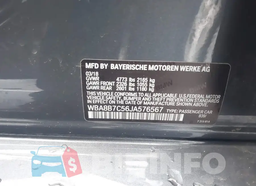 WBA8B7C56JA576567 Photo# 9
