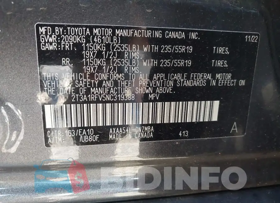 2T3A1RFV5NC319388 Photo# 9