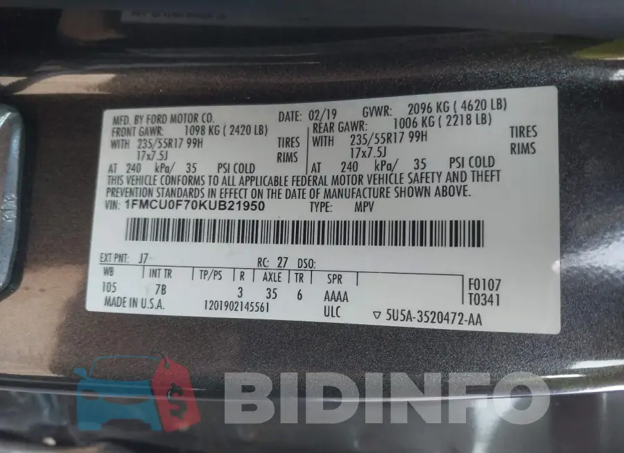 1FMCU0F70KUB21950 Photo# 9