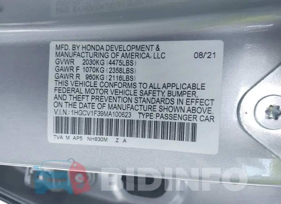 1HGCV1F39MA100623 Photo# 9