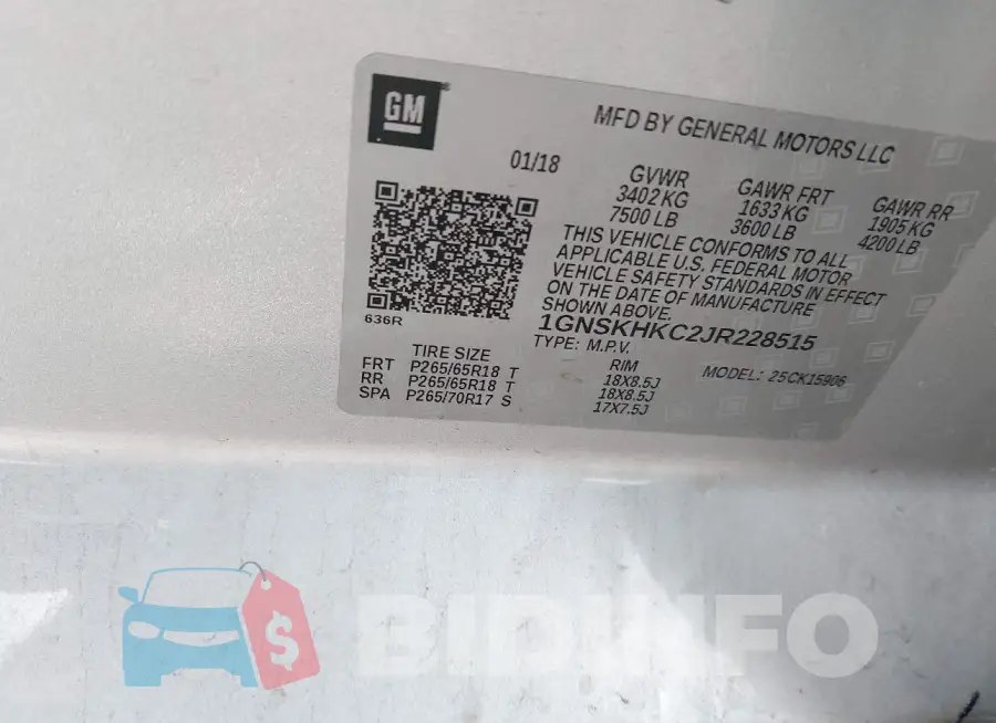 1GNSKHKC2JR228515 Photo# 9