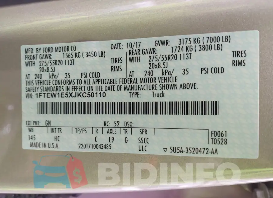 1FTEW1E5XJKC50110 Photo# 9