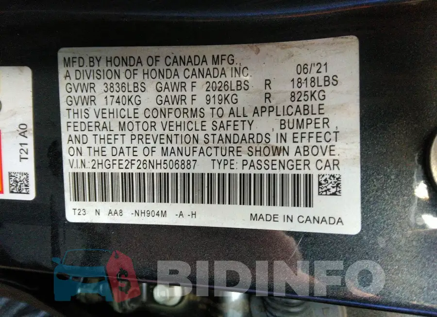 2HGFE2F26NH506887 Photo# 9