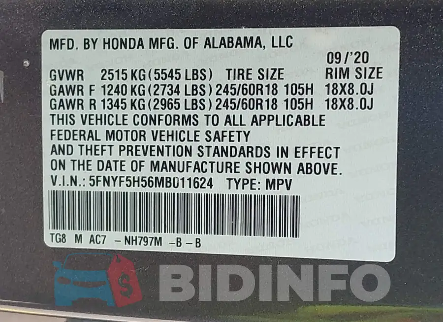 5FNYF5H56MB011624 Photo# 9