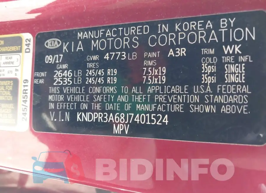 KNDPR3A68J7401524 Photo# 9