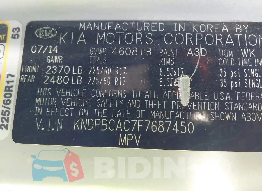 KNDPBCAC7F7687450 Photo# 9