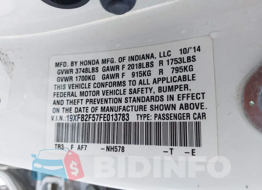 19XFB2F57FE013783 Photo# 9