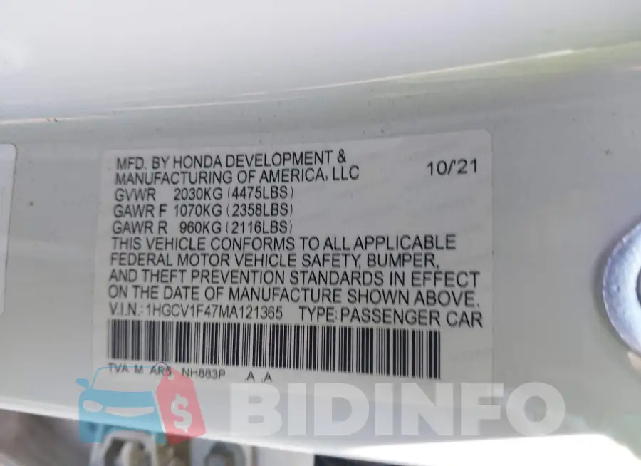 1HGCV1F47MA121365 Photo# 9
