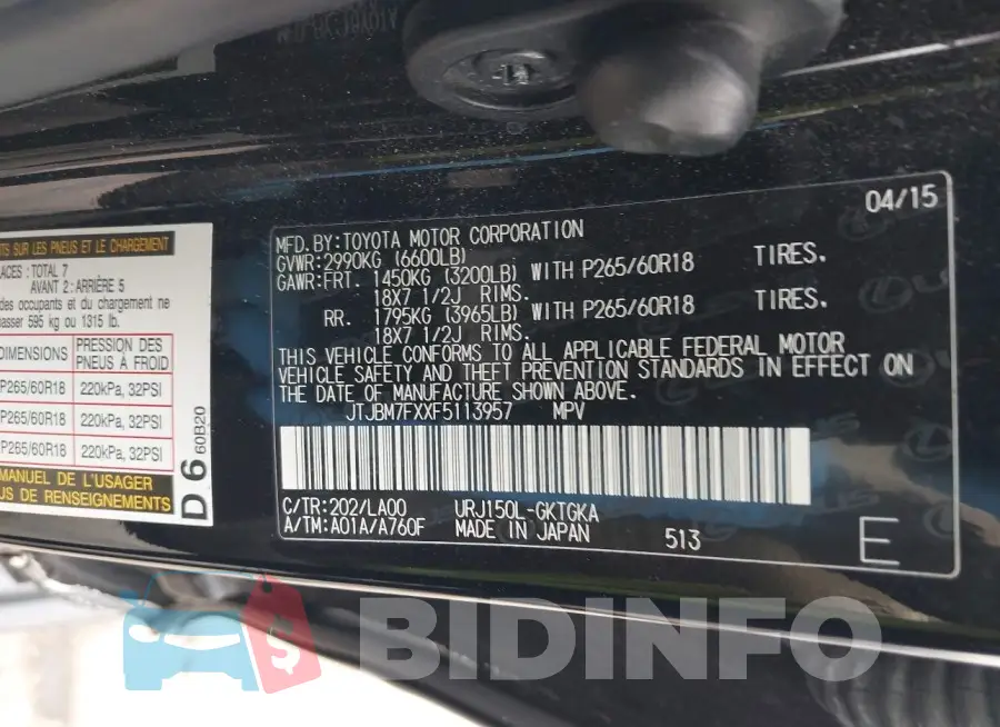 JTJBM7FXXF5113957 Photo# 9
