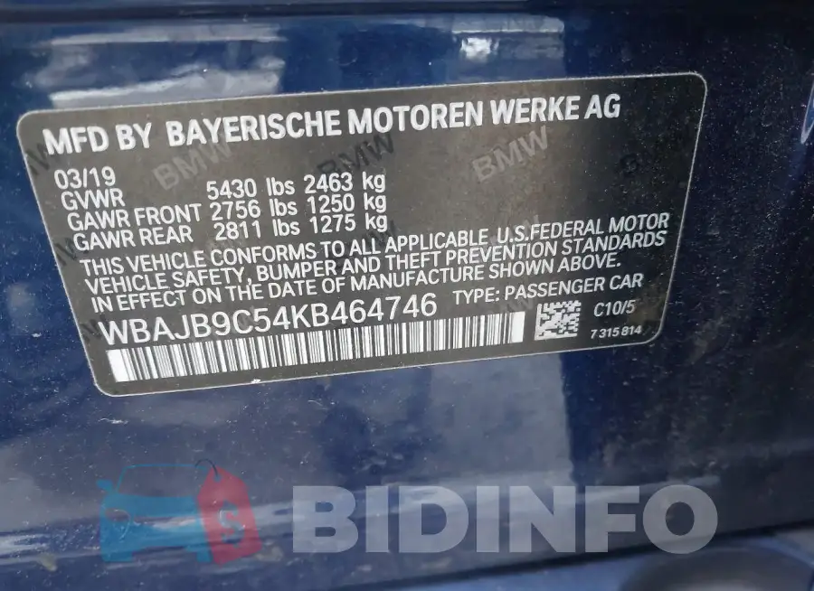 WBAJB9C54KB464746 Photo# 9