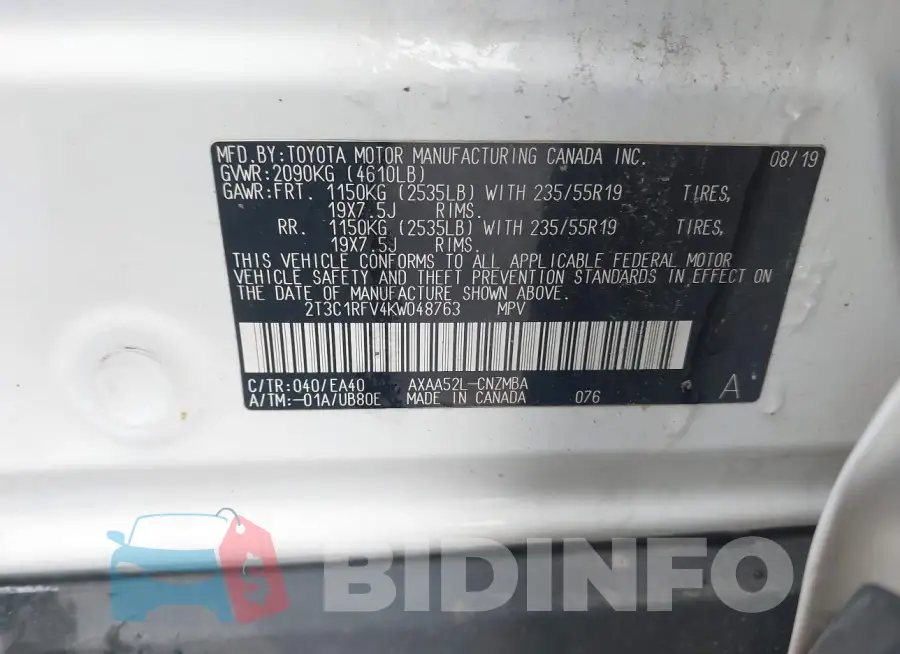 2T3C1RFV4KW048763 Photo# 9