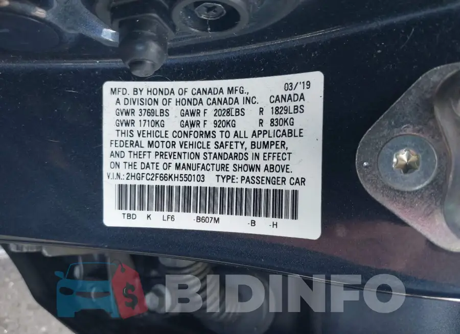 2HGFC2F66KH550103 Photo# 9