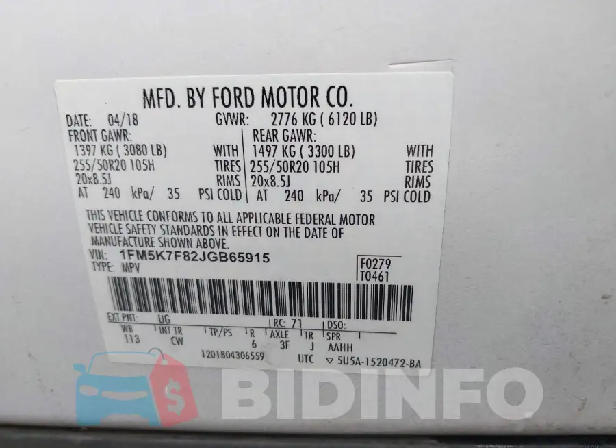 1FM5K7F82JGB65915 Photo# 9