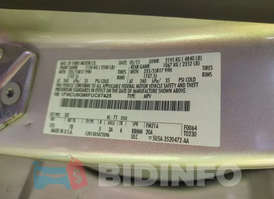 1FMCU9G96FUC67425 Photo# 9