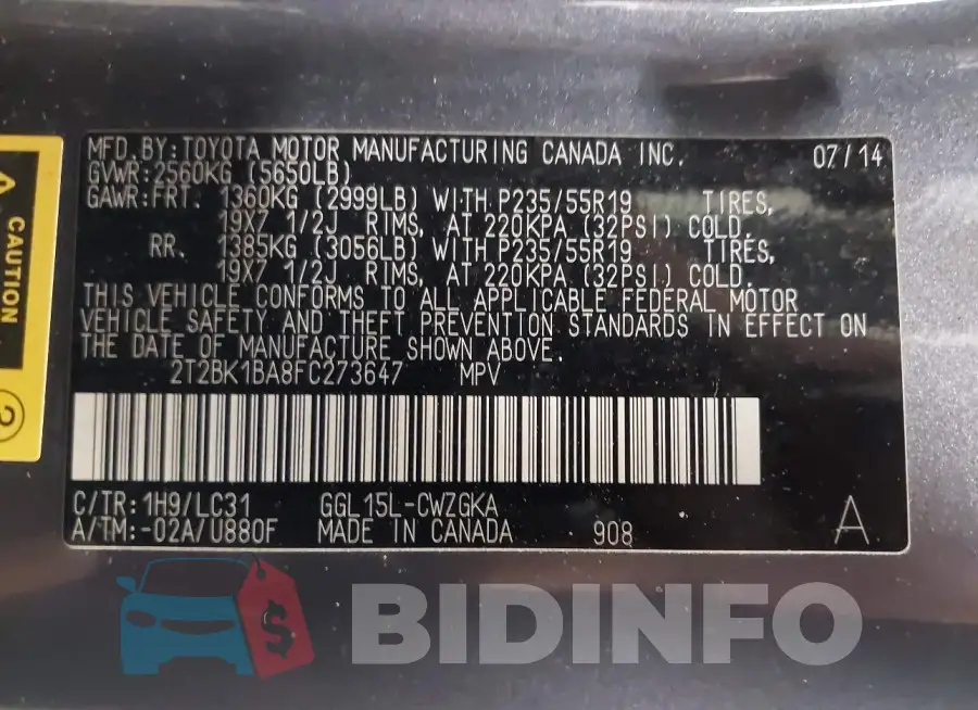2T2BK1BA8FC273647 Photo# 9
