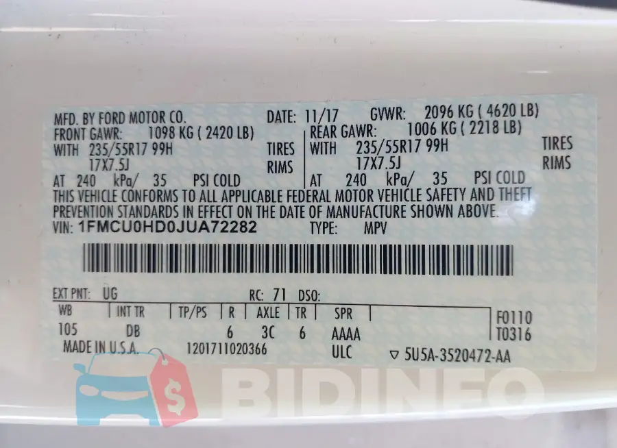 1FMCU0HD0JUA72282 Photo# 9