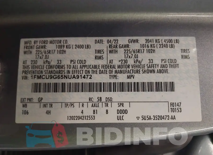 1FMCU9G65NUA91472 Photo# 9