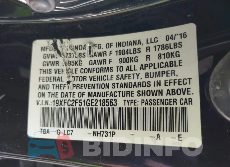 19XFC2F51GE218563 Photo# 9