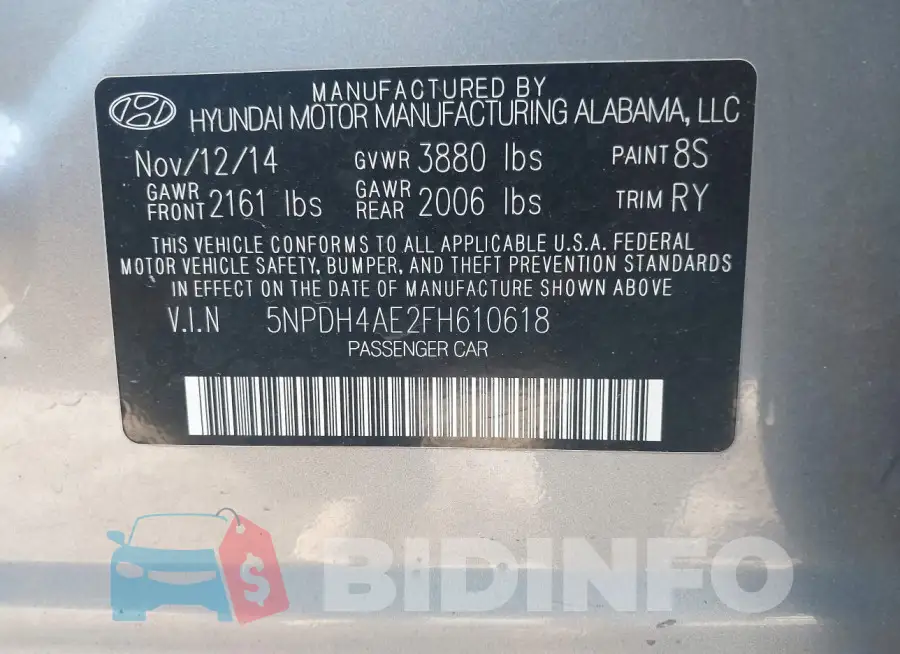 5NPDH4AE2FH610618 Photo# 9