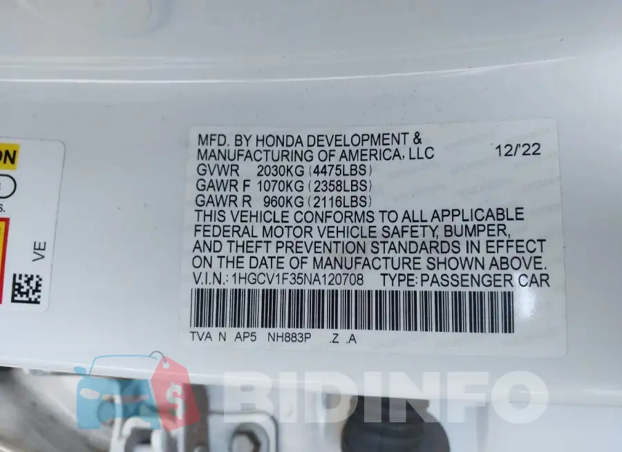 1HGCV1F35NA120708 Photo# 9