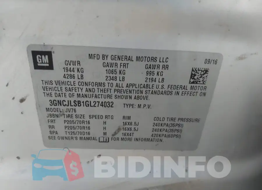 3GNCJLSB1GL274032 Photo# 9