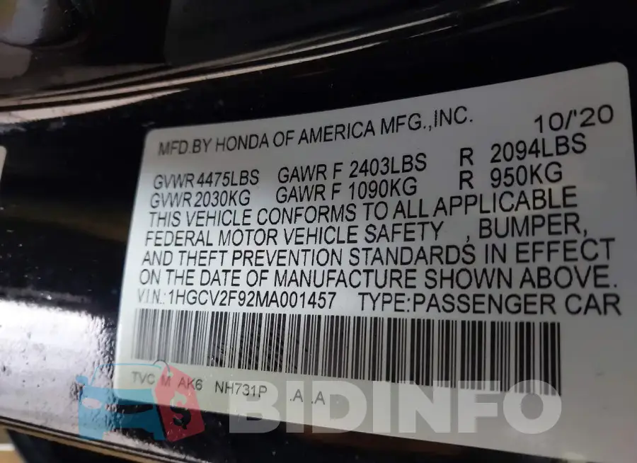 1HGCV2F92MA001457 Photo# 9