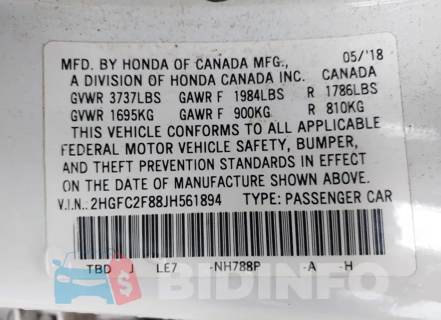 2HGFC2F88JH561894 Photo# 9