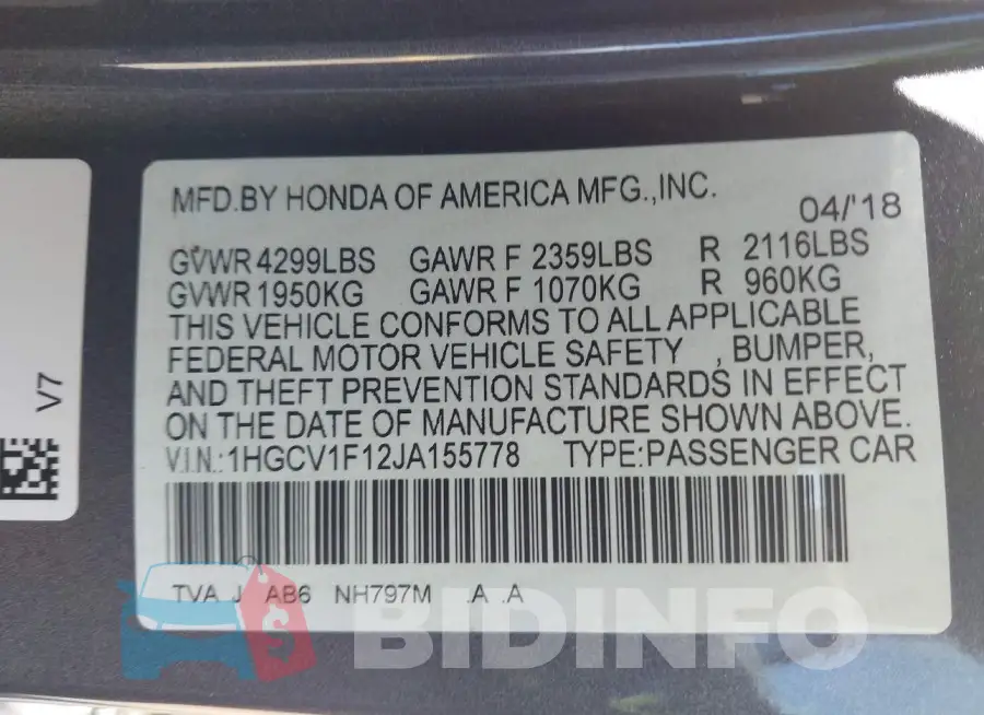 1HGCV1F12JA155778 Photo# 9