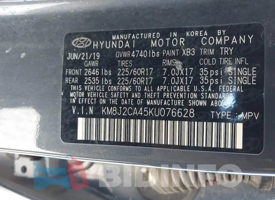 KM8J2CA45KU076628 Photo# 9