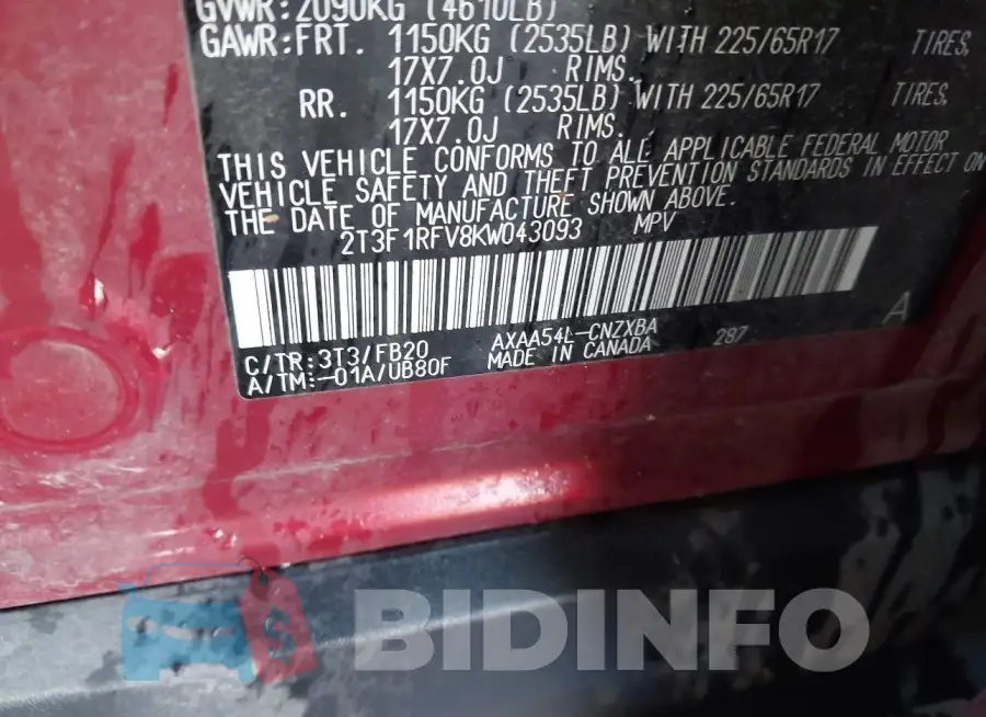2T3F1RFV8KW043093 Photo# 9